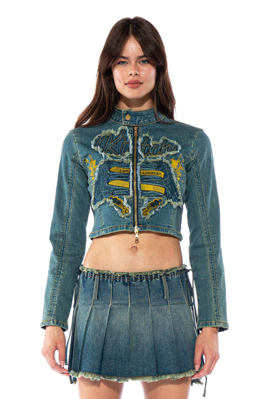 Kitch Embroidery Denim Moto Jacket