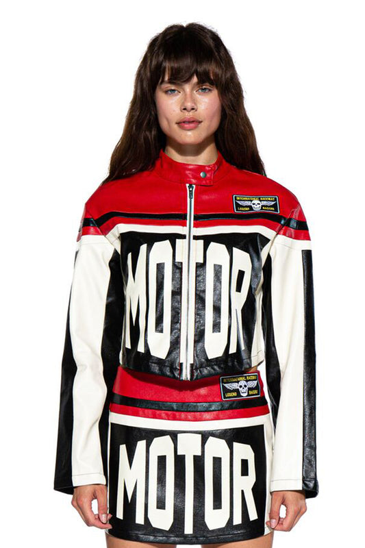MOTOR LETTER FAUX LEATHER MINI JACKET