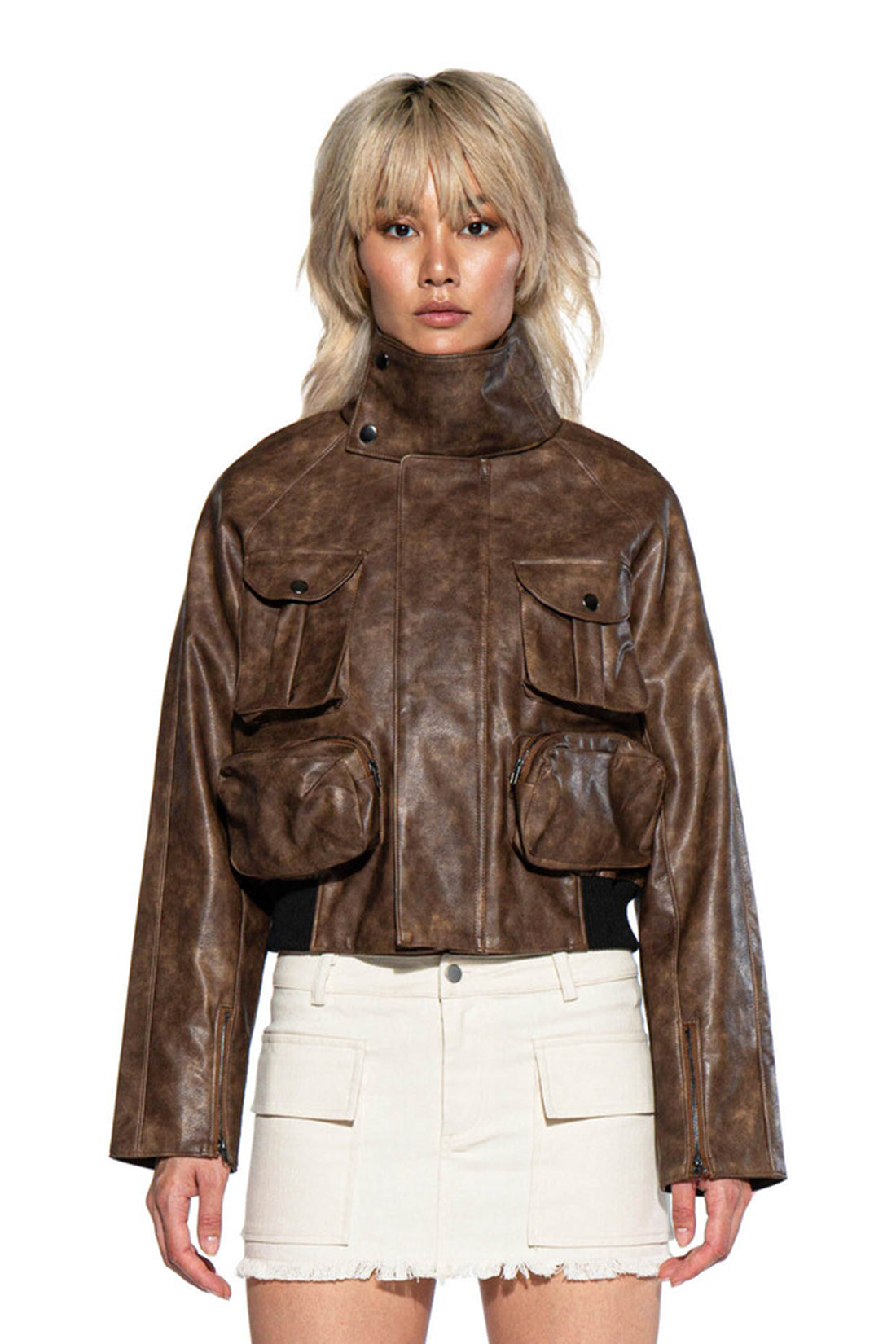 VINTAGE WASHED FAUX LEATHER CARGO MOTO JACKET