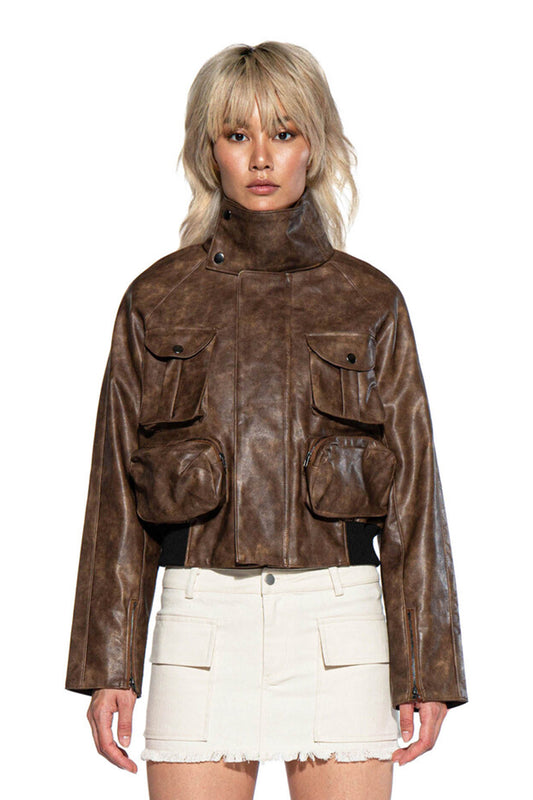VINTAGE WASHED FAUX LEATHER CARGO MOTO JACKET